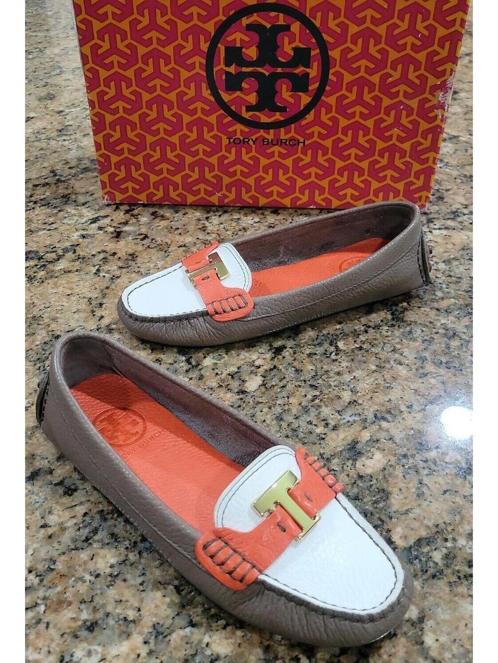 Tory Burch Logo Orange Brown White Pebbled Leather Driving Ballet Flat Loafers 5